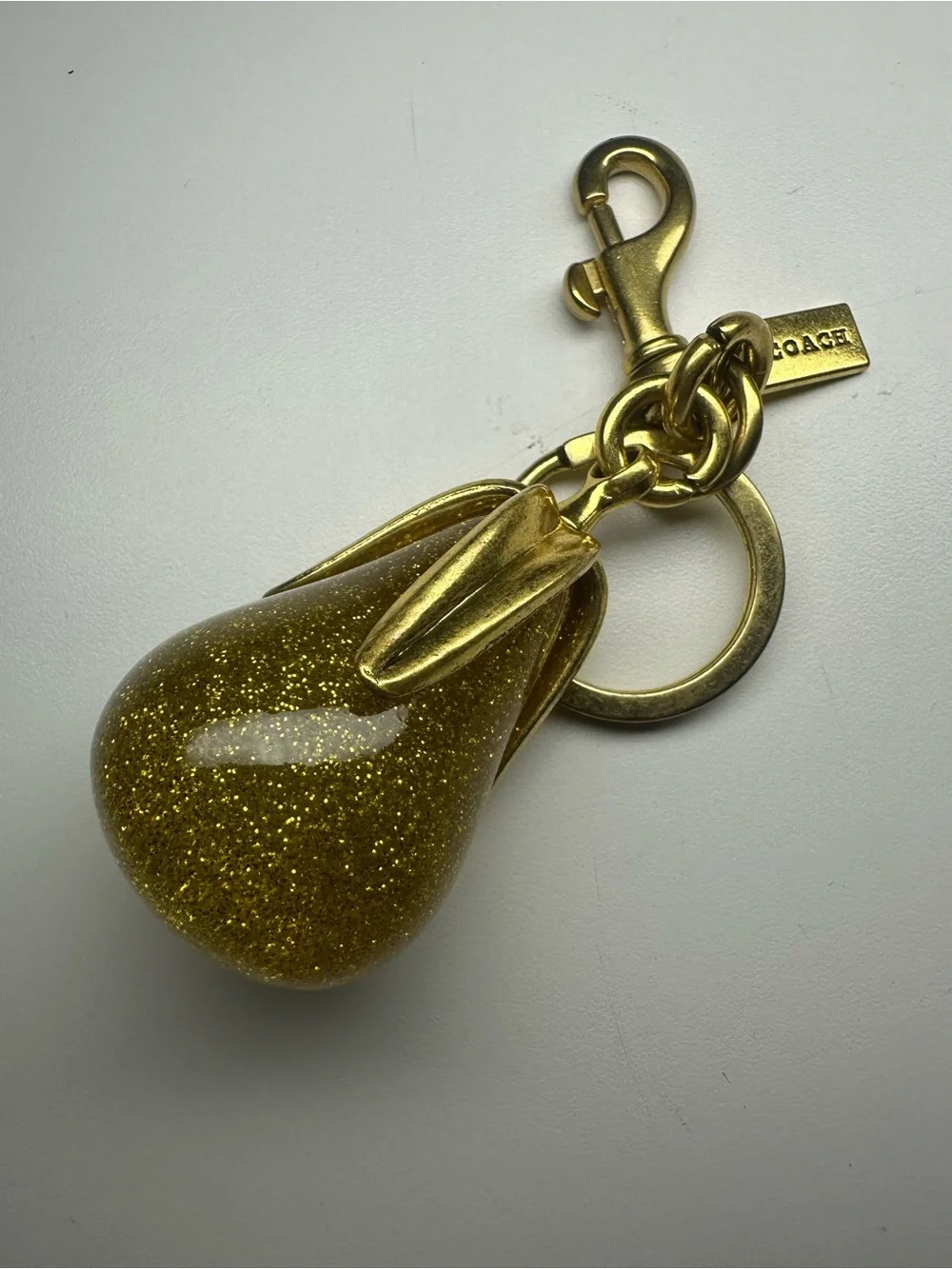 Coach Pear Bag Charm Gold Glitter Resin Brass Keychain Key Ring